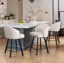 (3pcs) Antique white 26” faux leather swivel barstools