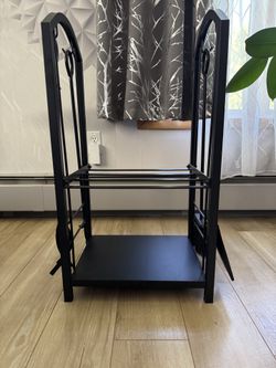 Black Metal Fireplace Log Rack with 4-Piece Tool Set