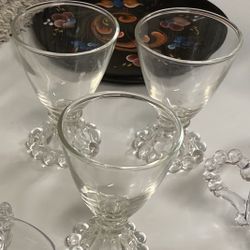 3 vintage Anchor Hocking "Boopie" glasses. One 5 1/2 inches tall. One 3 1/4 in Open Sugar Bowl. One vintage clear glass creamer. 