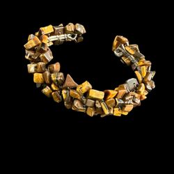 Vintage Brown Tiger Eye Stone Cuff Bracelet 1" Thick