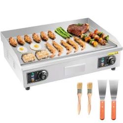 444*Commercial Electric Griddle, 25.79 x 15.75 inch, 2800W, 122-570°F Adjustable Temp Control, Stainless Steel Body, Full Flat, with 2 Spatulas, 2 Bru