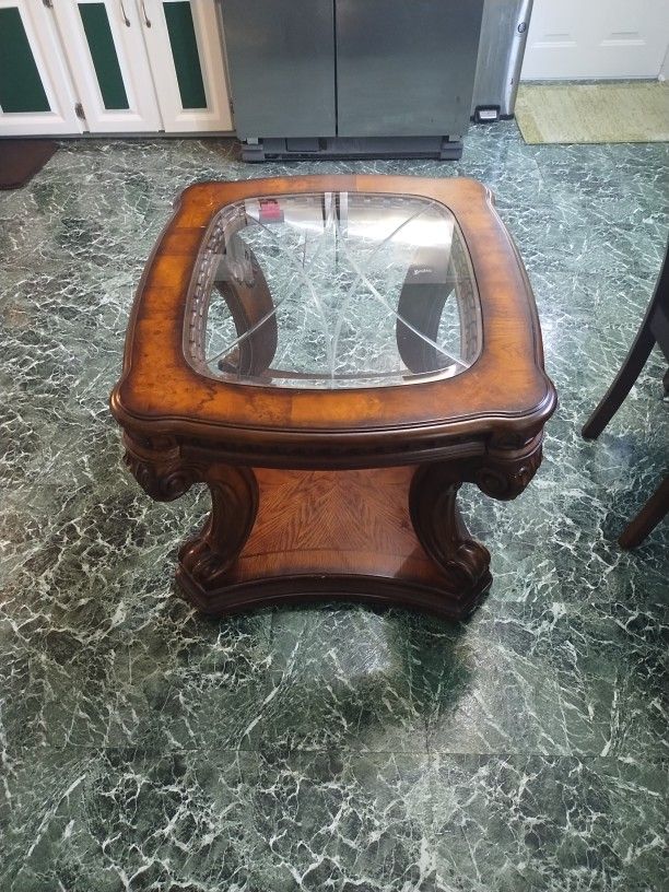 Heavy Duty Real Wood Glass Top End Table