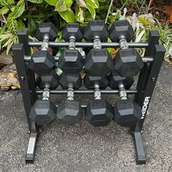 PAIRS OF RUBBER HEX  DUMBBELLS :  10s  15s  20s  25s  &  DUMBBELL RACK