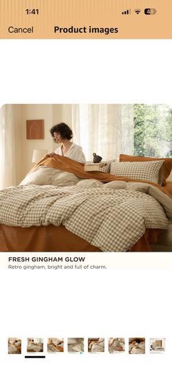 Bedsure PureWoven 100% Cotton Gingham Duvet Cover Set, Queen, Khaki Washed Cotton, Linen-Like Texture, Breathable, Zipper Closure, Machine Washable, 3
