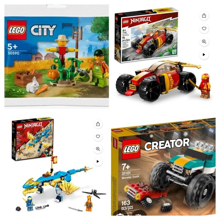 4 Lego New SETS Ninjago Kai And JAY, Cars Monster Truck, Scarecrow Garden
