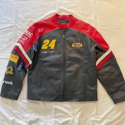 Vintage NASCAR ‘24’ Jeff Gordon Leather Jacket - Men’s Medium, Navy/Red.
