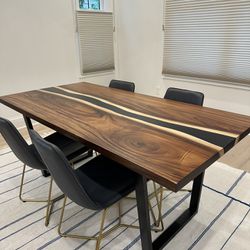 Live Edge Dining table (World Market) w four Blue Leather West Elm Chairs