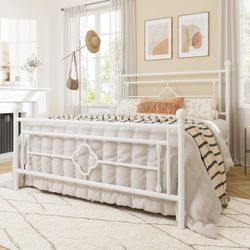 Allewie Full Size Metal Platform Bed Frame, Victorian Headboard, White | Heavy Duty Metal Slats Support, Mattress Foundation, Under Bed Storage, No Bo