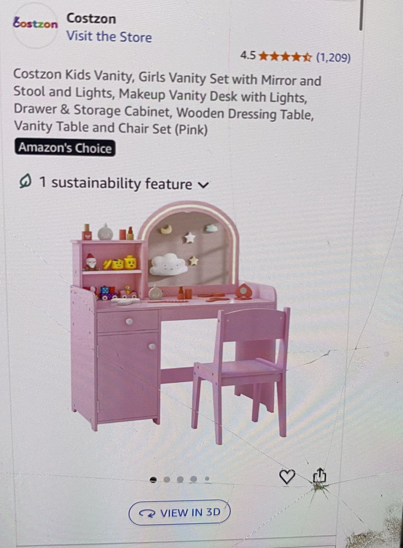 Costzon Kids Vanity Girls Vanity Set with Mirror and Stool and Lights Makeup Vanity Desk with Lights Drawer & Storage Cabinet Wooden Dressing Tabl