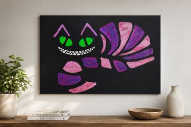 Original Cheshire Cat Mixed Media Wall Art – 24x36 Black Canvas – Glitter Acrylic Painting – Alice in Wonderland Inspired
