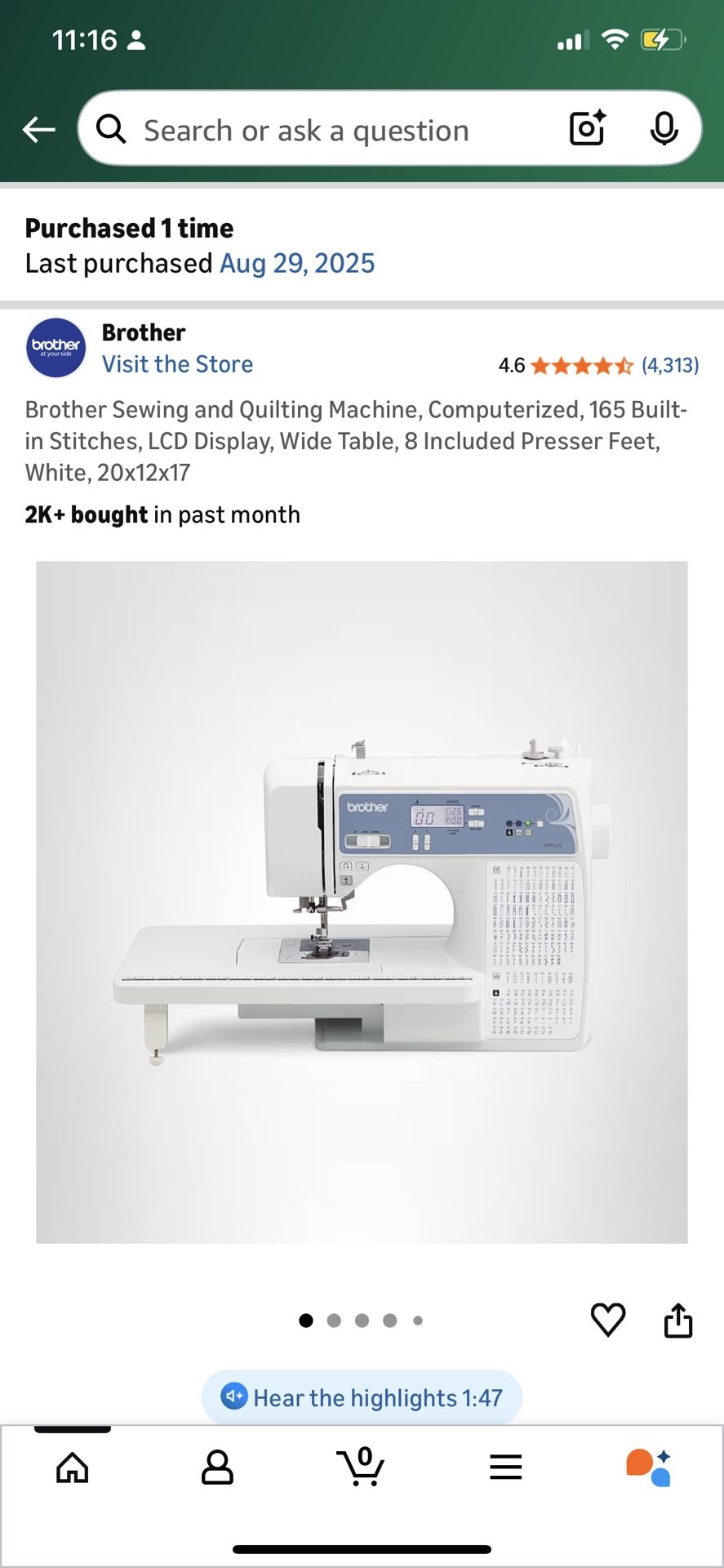 Brother Sewing and Quilting Machine, Computerized, 165 Built-in Stitches, LCD Display, Wide Table, 8 Included Presser Feet, White, 20x12x17 