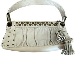 Italian Leather Junior Drake off white with Gold Studs Tassels zipper boho bag.   Italian Leather Junior Drake Ivory with Gold Studs Medium Hobo Bag A