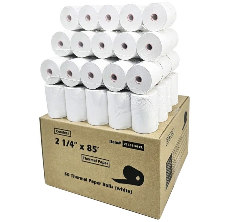 (50 Coreless Rolls) 2 1/4 x 85 Thermal Paper Receipt Rolls fits all Credit Card