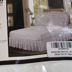 Shreem Linen White Ruffled Bed Skirt Split Corner Size Full NIP