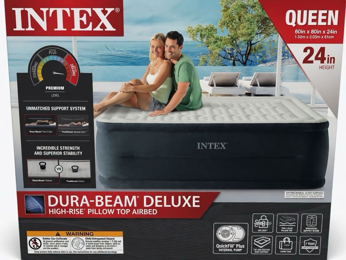 Intex Queen Dura-Beam Deluxe Airbed - 24" High-Rise with Built-in Pump
