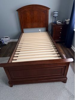 Brown Wood Twin Bed with trundle Night Stand and Mattress