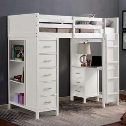 WHITE TWIN SIZE LOFT BED DESK CHEST DRAWERS STORAGE - Cama Litera Sencilla