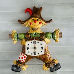 Vintage ceramic Halloween Fall scarecrow wall clock. Large 16” tall x 12 1/2” wide . Multi retro colors drip glaze.