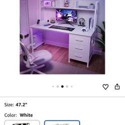 White Computer Desk with Hutch & Drawers - Office Desk with 3 Storage Drawers and Power Outlets, 47 Inch Modern Study Writing Desk for Bedroom Home Of