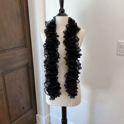 New Elegant hand knitted black Ruffled Scarf silver accents crochet
