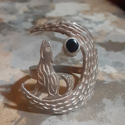 Sterling Silver & Onyx COYOTE HOWLING at MOON RING Sz 8