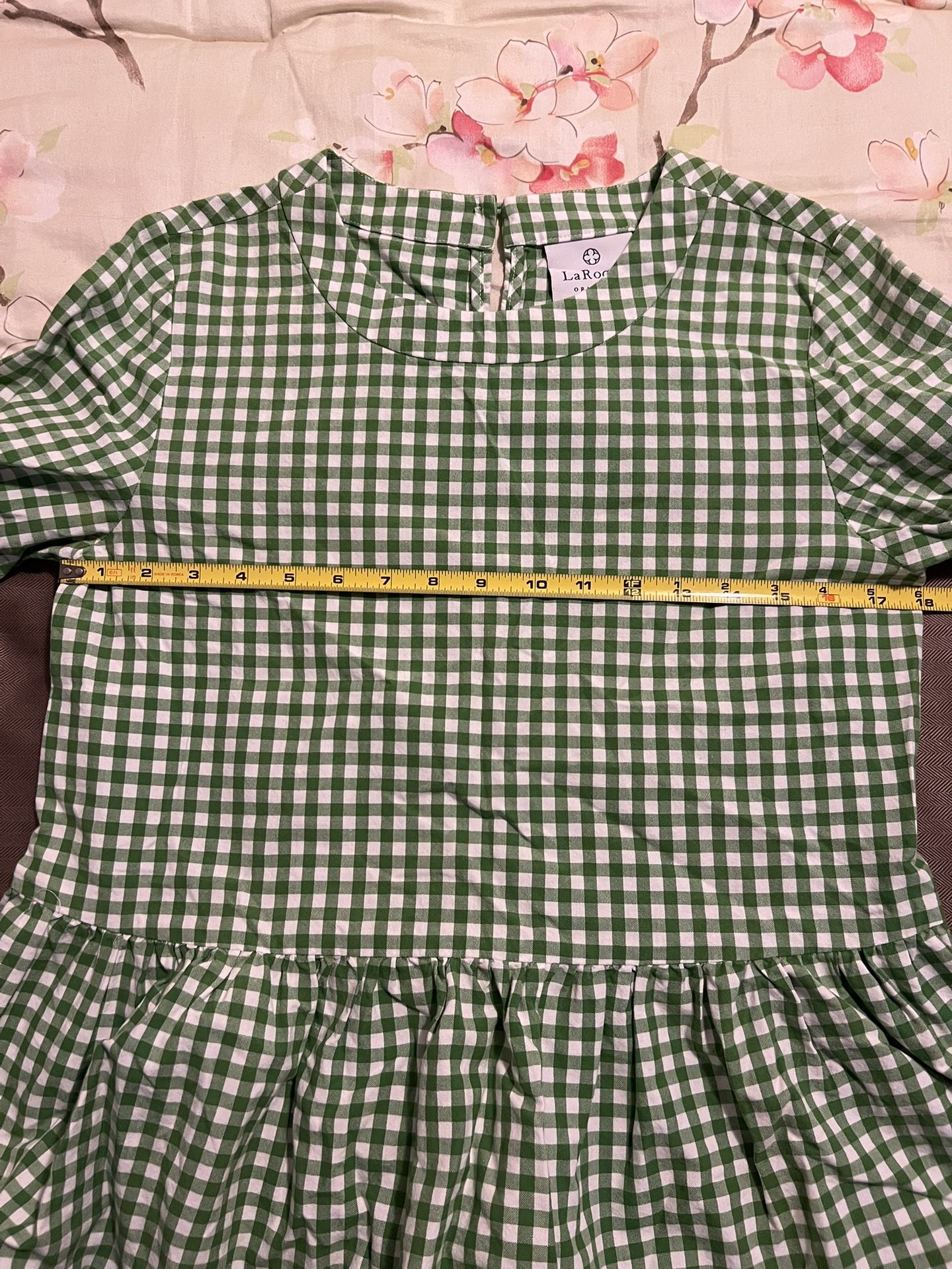 LaRoque Blouse Womens Green White Gingham Preppy Ruffle Fit And Flair Top Sz Med