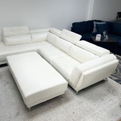 L Shaped White Leather Sectional With Ottoman - We Deliver & Finance 🔥🤯🚚