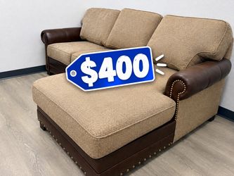 King hickory studded brown leather sectional with chaise lounger and gray fabric