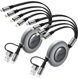 4 in 2 Multi Charging Cable 4A, 2 pack 4Ft USBC Charging Cable, Retractable Car Charger with Lightning/Type C/Micro USB Ports for iPhone 16 15 14 Pro 
