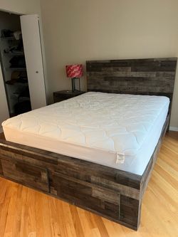 Queen bed frame, mattress and nightstand set