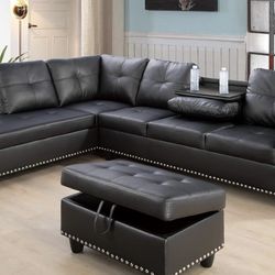 Black Leather Sectional Couch With Drop Down Table 