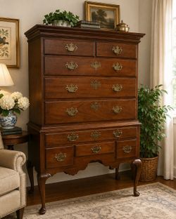 Vintage Solid Wood Queen Anne Highboy Dresser – 9 Drawer Chest with Brass Hardware