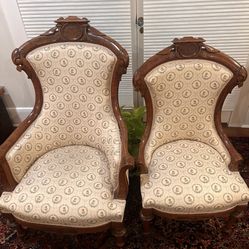 Pair of Antique Victorian Parlor Chairs – Carved Walnut