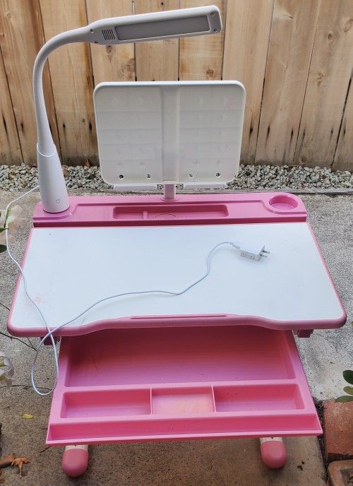 Adjustable Kid Desk Pink With Light, Music/Book Stand, And Adjustable Chair