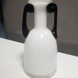 6.5" Milk Glass Vase with Applied Black Handles 
