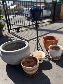 Assorted Garden Pots and Metal Plant Stand