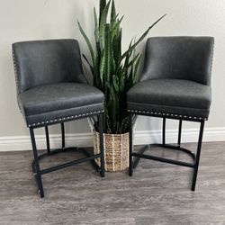 LUE BONA 26" Bar Stools Set of 2, Modern Counter Height Bar Stools with Backrest Faux Leather Double Upholstered Barstools with Metal Frames for Kitch