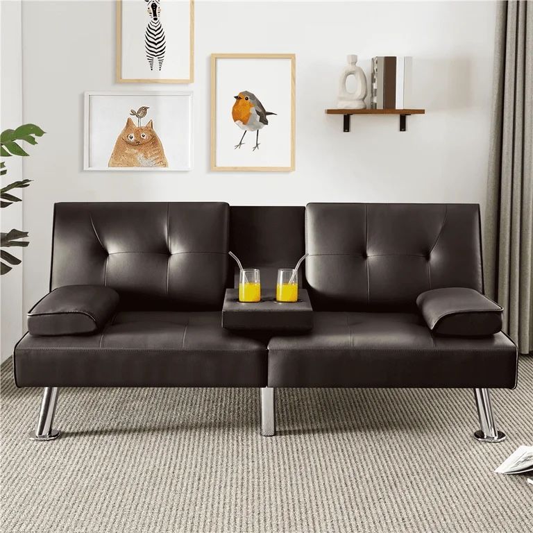 Modern Faux Leather Convertible Futon Sofa Bed with Cup Holders, Espresso
