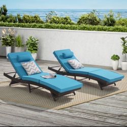 NEW Light Blue Wicker Outdoor Lounge Chair with Light Blue Cushions Recliner up to 150° Beach Poolside Garden (Set Of Two)