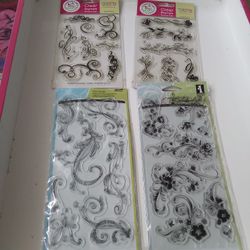4 Four Clear Stamps Swirls Embellishments Curls Fancy Shapes Effects Flowers Ribbon Frame Creative Craft Projects Clear