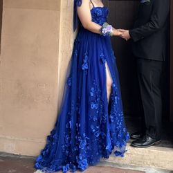 Midnight Blue Flower Corset Prom Dress W/ Slit 