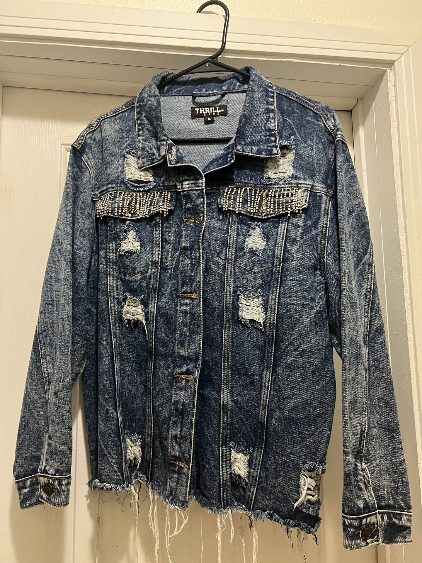 Trill Jean Jacket with Sparkle Fringe - Distressed