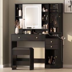 Vanity Desk with Mirror and Lights, Glass Top