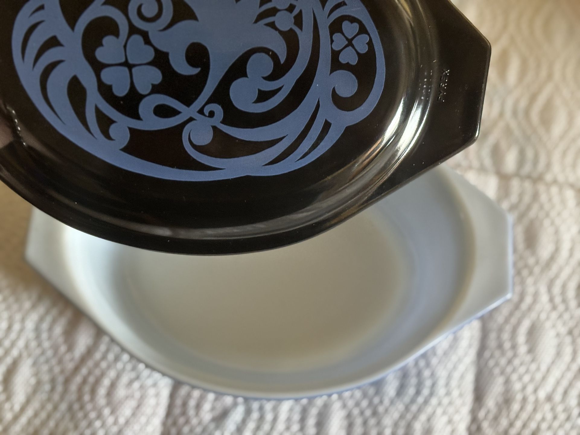 Pyrex Midnight Bloom Casserole with Lid Black and Blue Vintage 1970s 