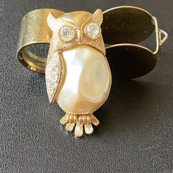 Vtg Clear Rhinestones and Bosque pearl owl pin