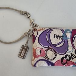 Coach Poppy Graffiti Gray & Pink Logo Canvas Wristlet 4 X 6