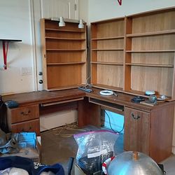 FREE.  L-shaped Solid Wood Desk Oldie But A Goodie Include CD Storage On Top And Lights On Top
