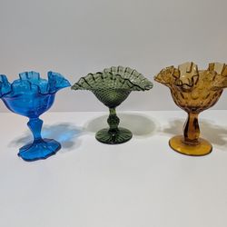 Set of 3 Vintage 6" Ruffled Art Glass Compotes in Blue Green Amber Carnival Style