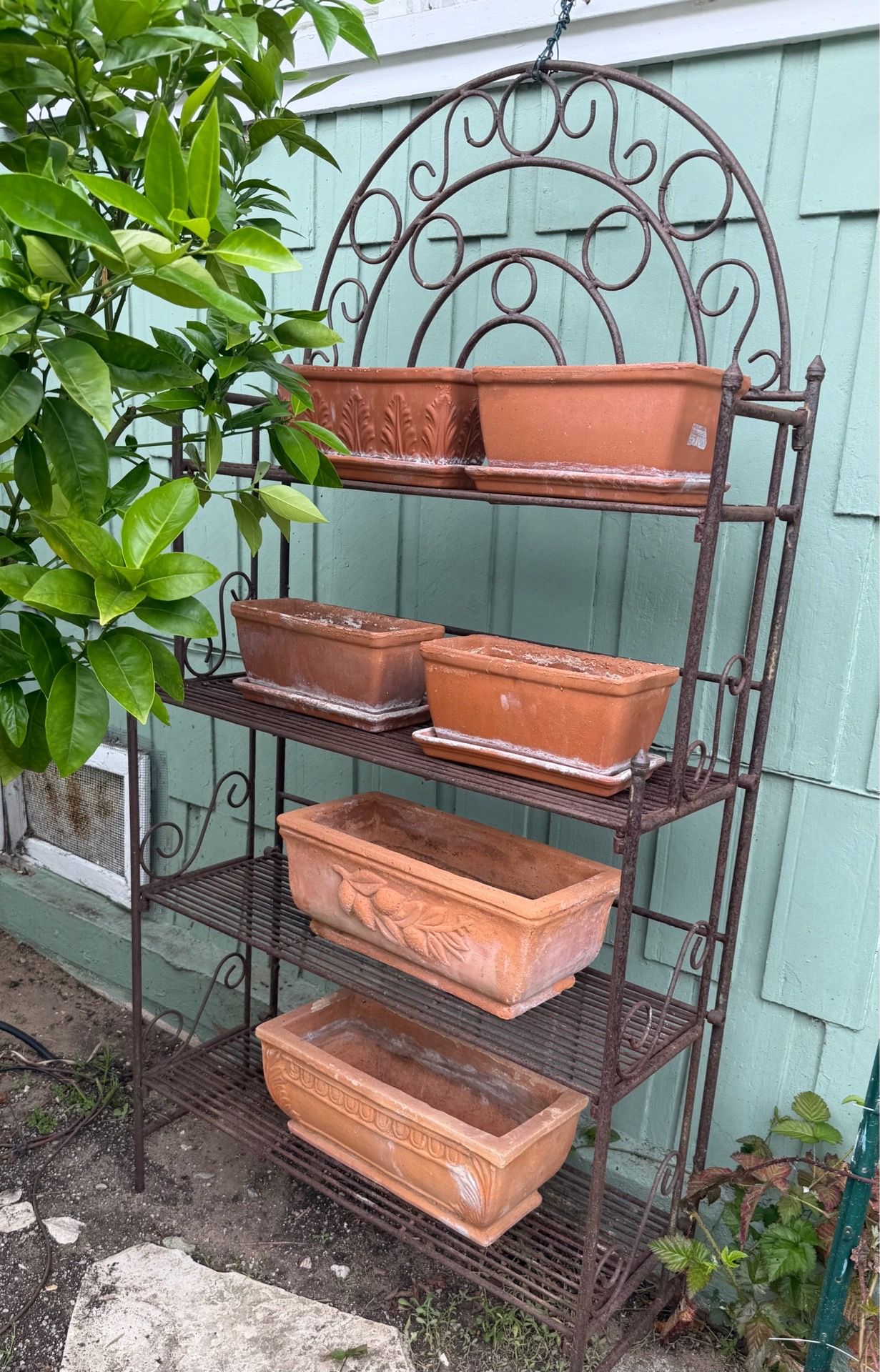 Tall Wrought Iron Garden Shelf with 6 Terra Cotta Planters of Various