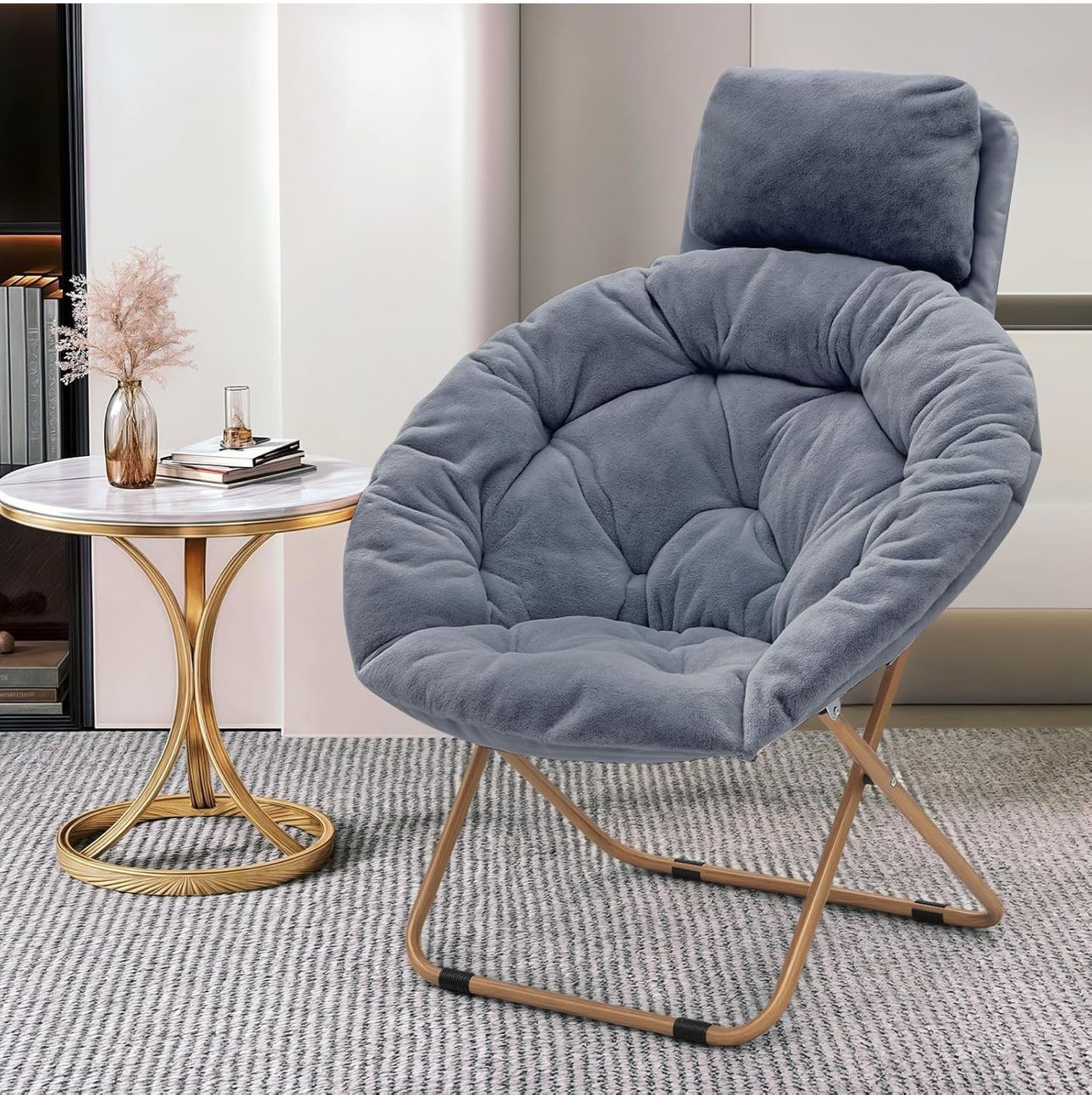 MoNiBloom Round Folding Faux Fur Saucer Chair for Bedroom Living
